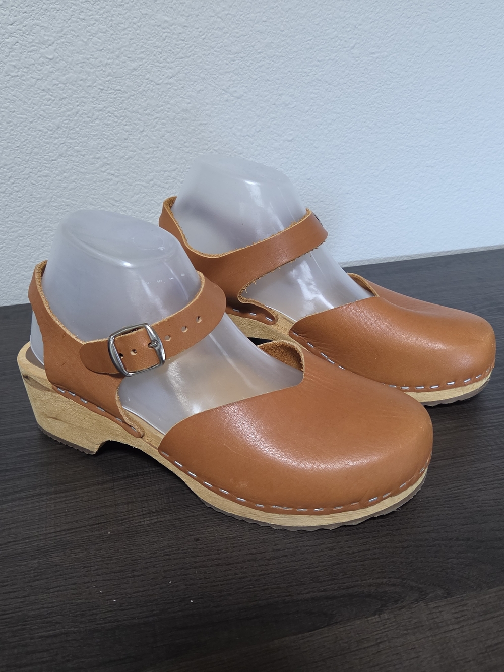 Women’s Tan Leather Mary Jane Clog with Buckle Strap